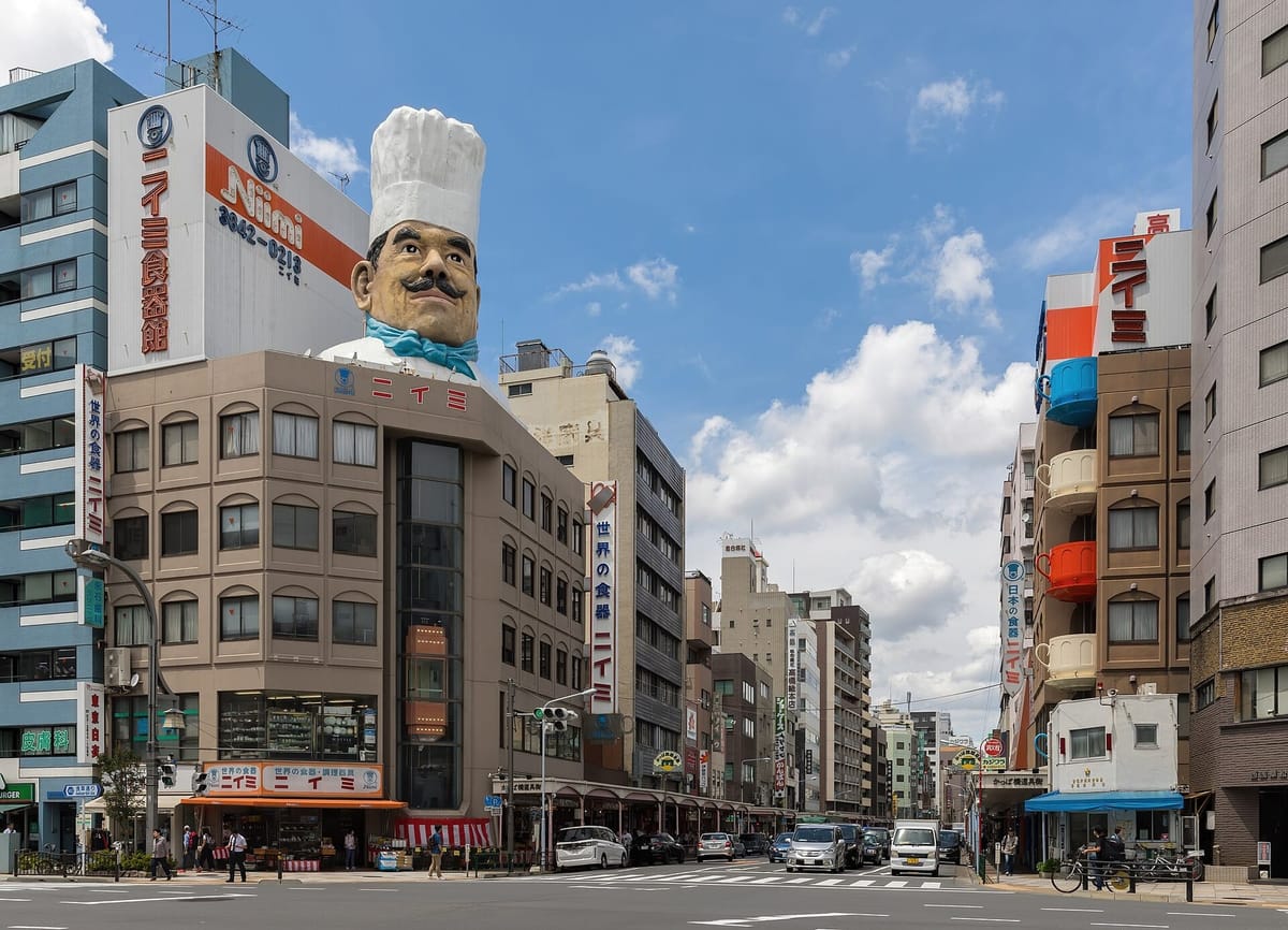 The southern end of Kappabashi-dori with shop signs for kitchenware