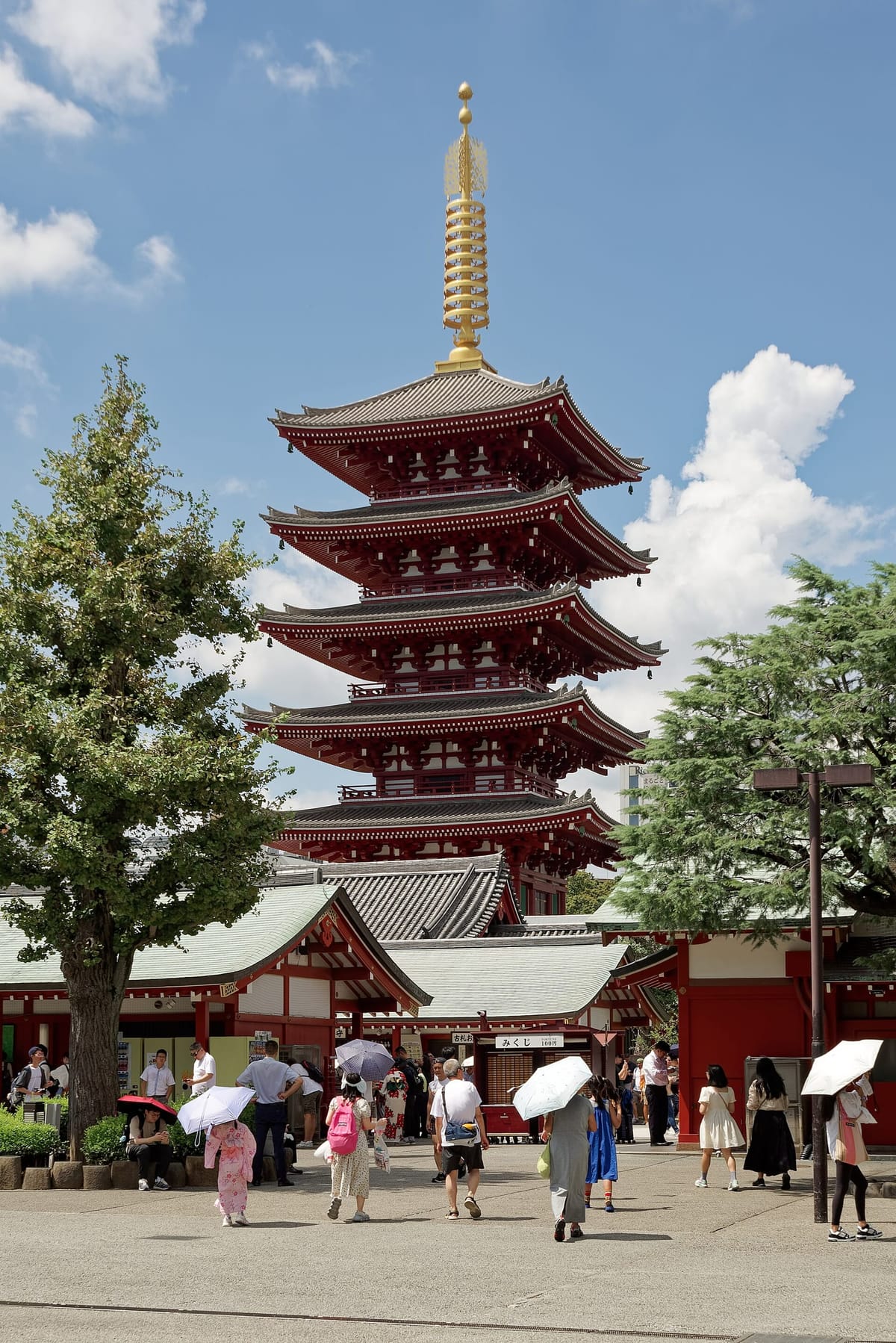 The five-storey pagoda of Senso-ji against a clear sky